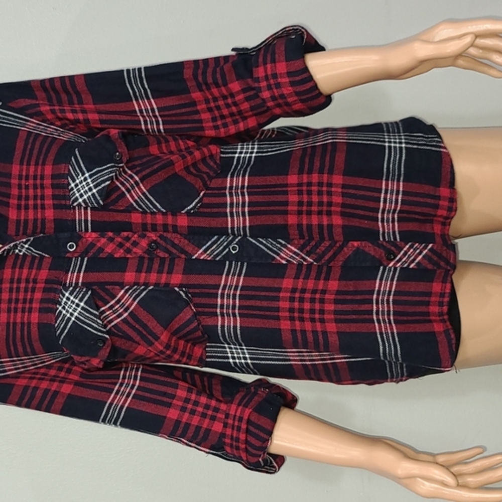 Zara Basic Red/Black Button-Front Plaid Shirt Rol… - image 5